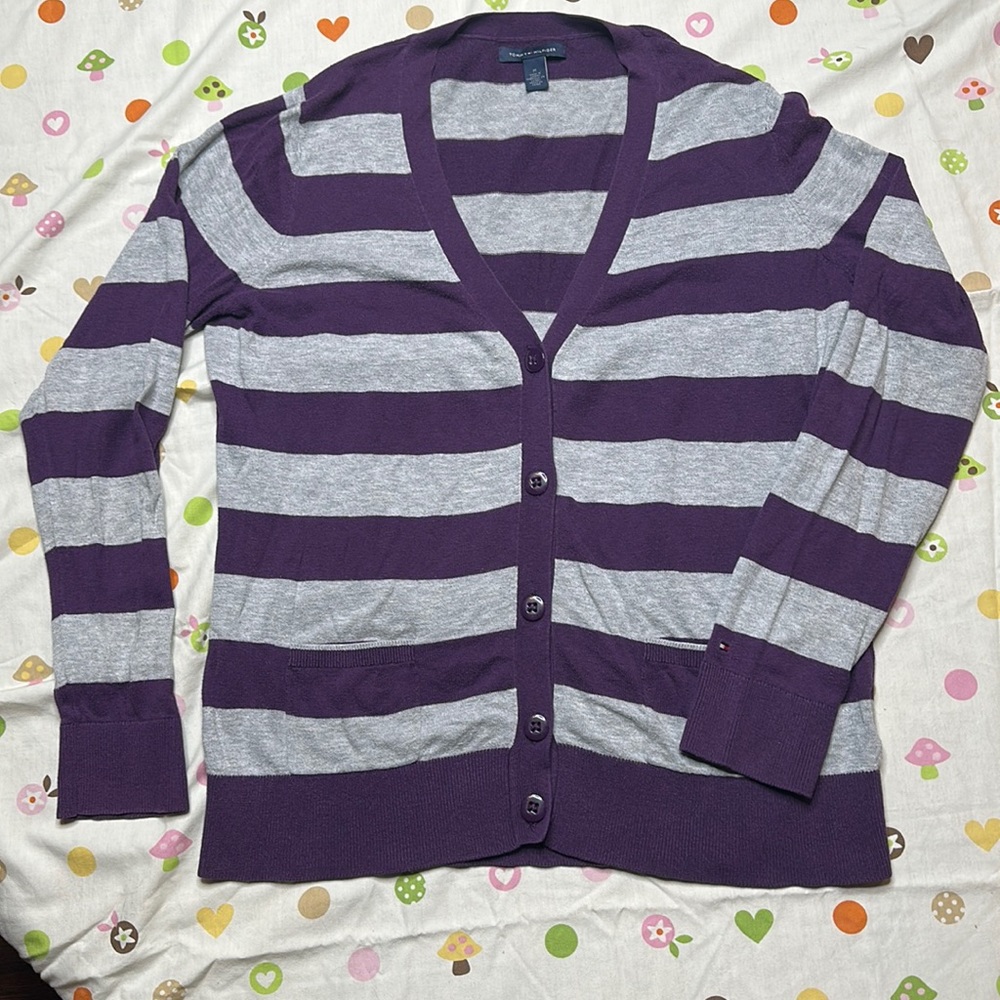 Tommy Hilfiger V neck cardigan 5 button purple & grey striped size M